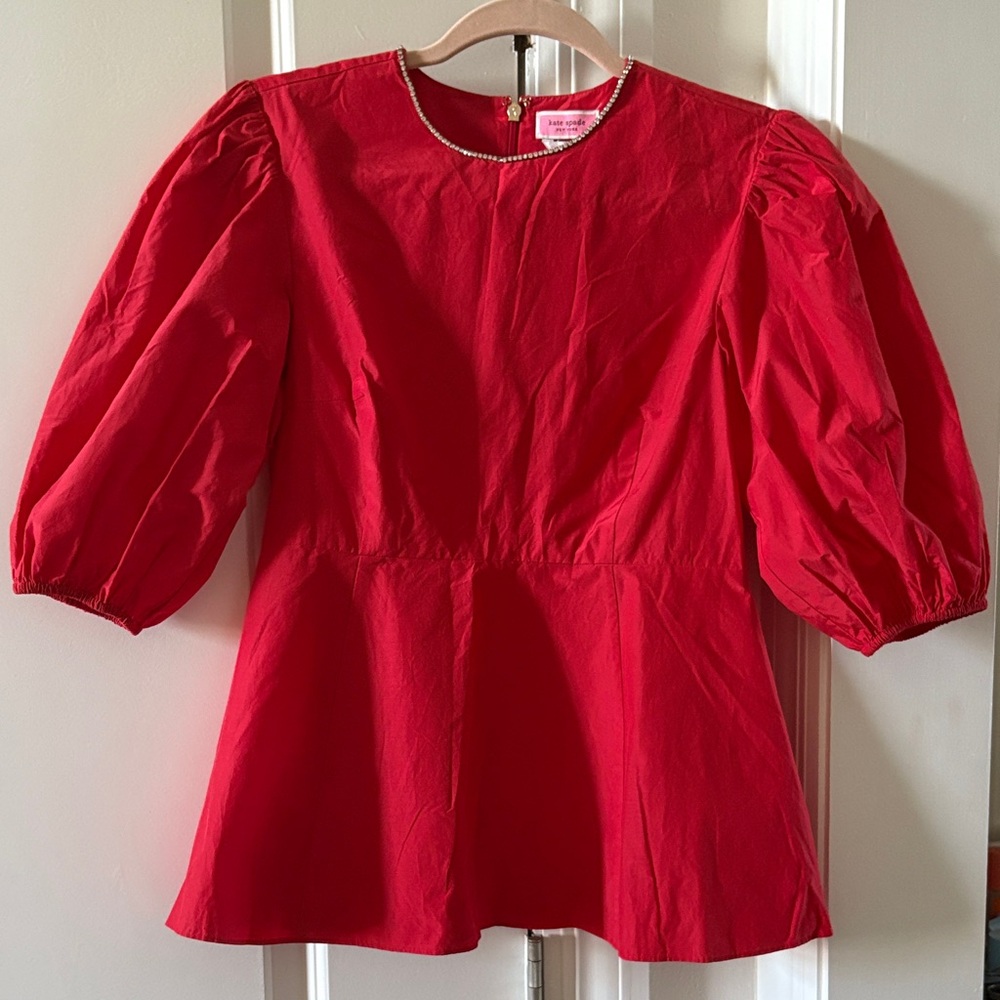 Kate Spade Rhinestone Red Blouse with puff sleeves